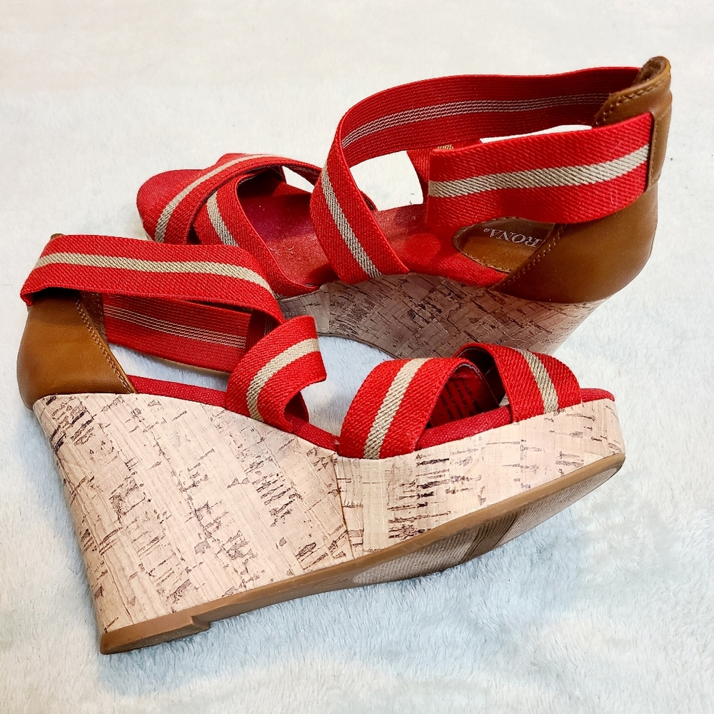 Merona Red Cork Wedge Platform Sandals Size 7